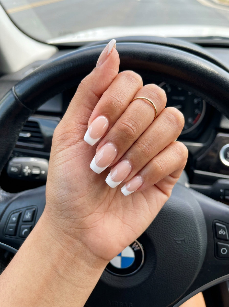 Classic Builder Gel French Squoval nails for summer wedding 2026. Clean girl aesthetic with nude base and white tip.