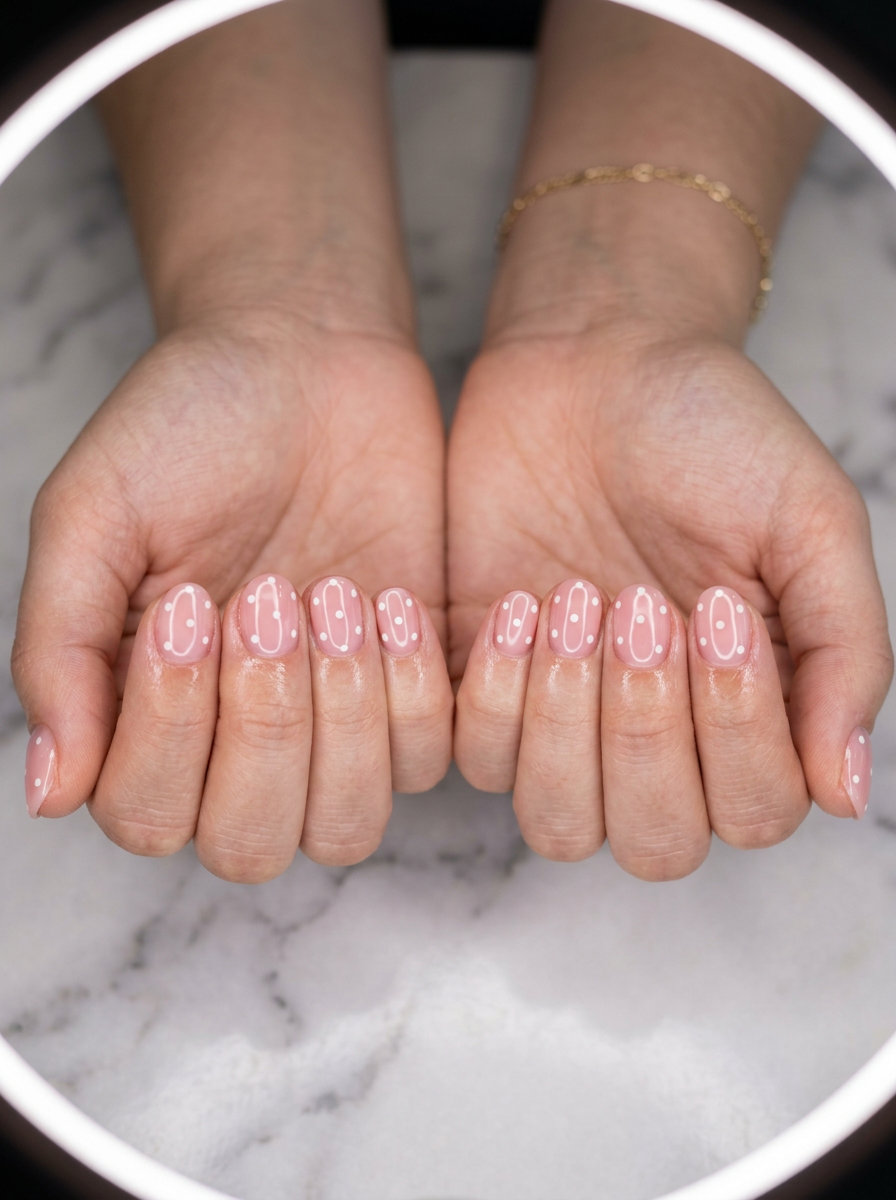 Dainty Pink Polka Dot Almond nails for summer wedding guest 2026. Playful and sweet with sheer pink and white dots.