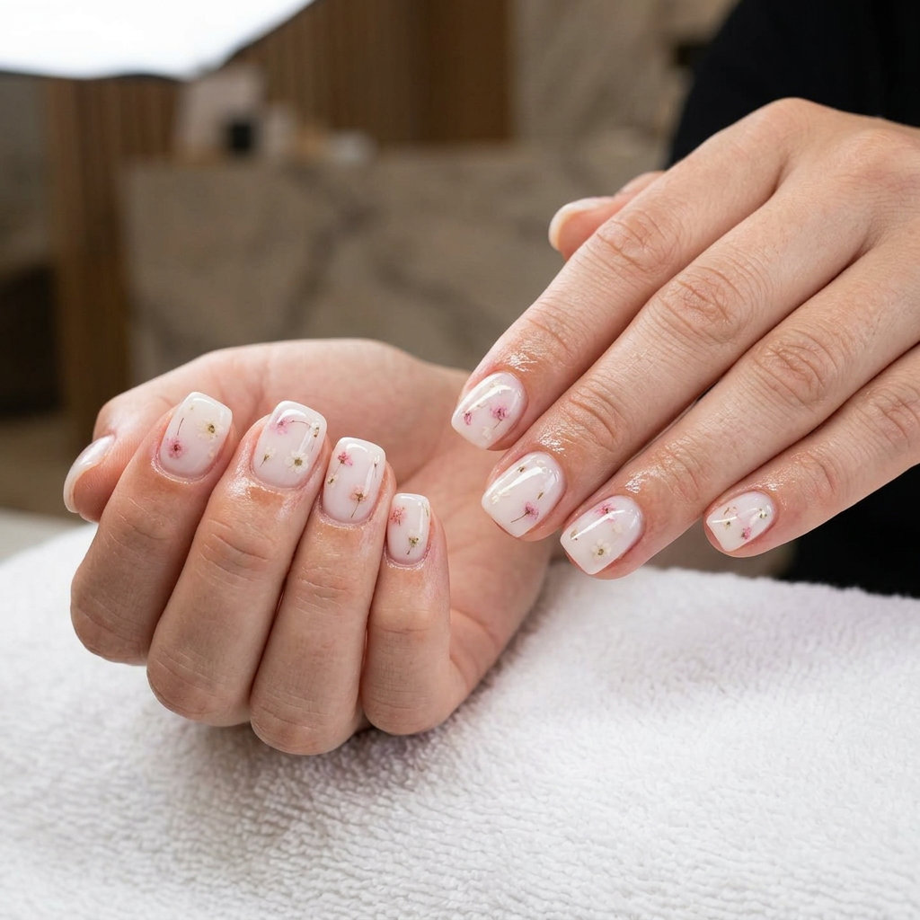 Enchanted Milk Bath Squoval nails for summer wedding nails 2026. Bohemian milky white with embedded dried flowers.