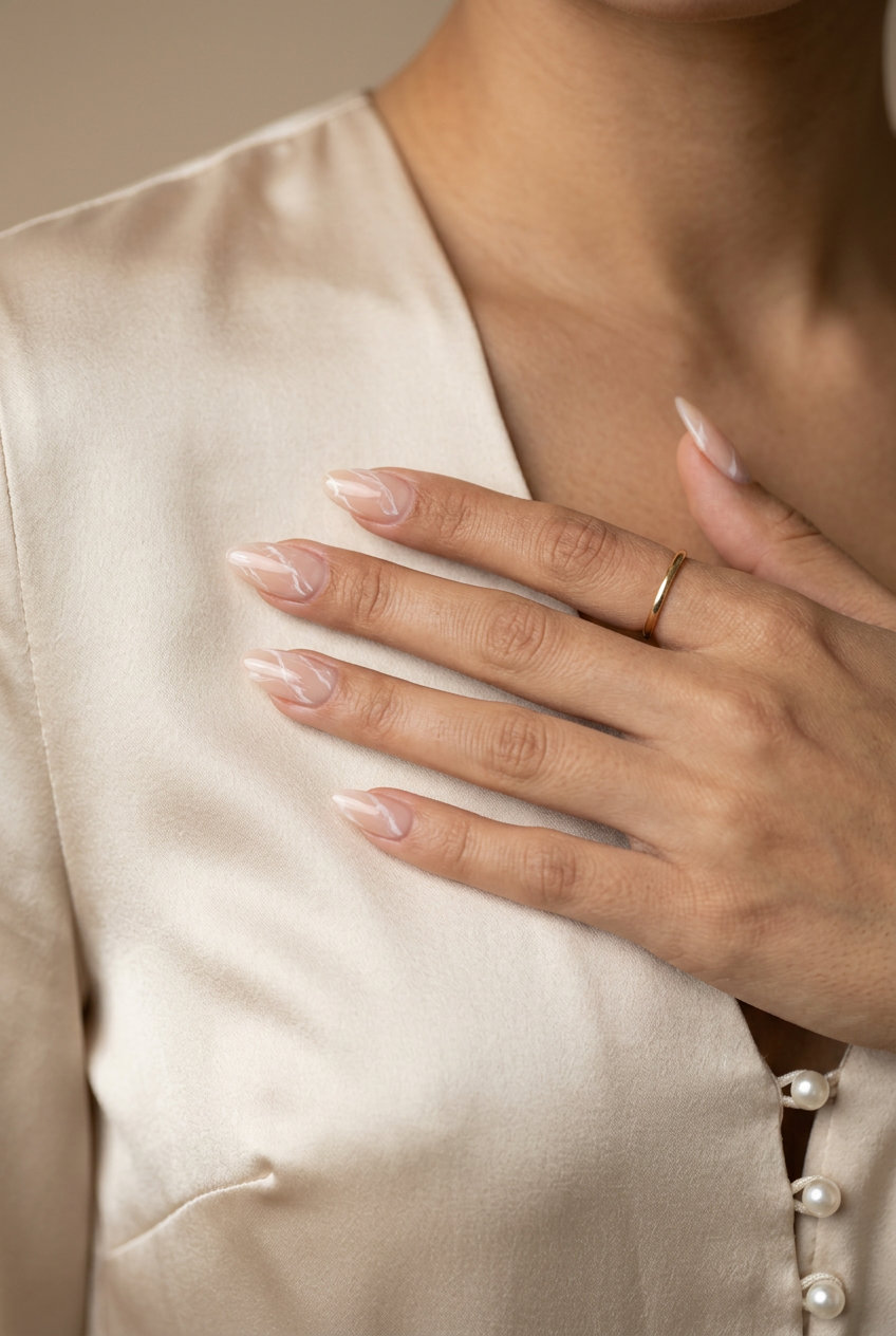 Ethereal Marble Nude nails for summer wedding guest 2026. Sophisticated sheer nude with white marble veins.