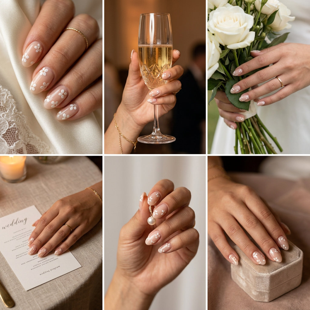 Enchanted floral nude builder gel nails for summer wedding nails 2026. Bohemian bridal shower style.