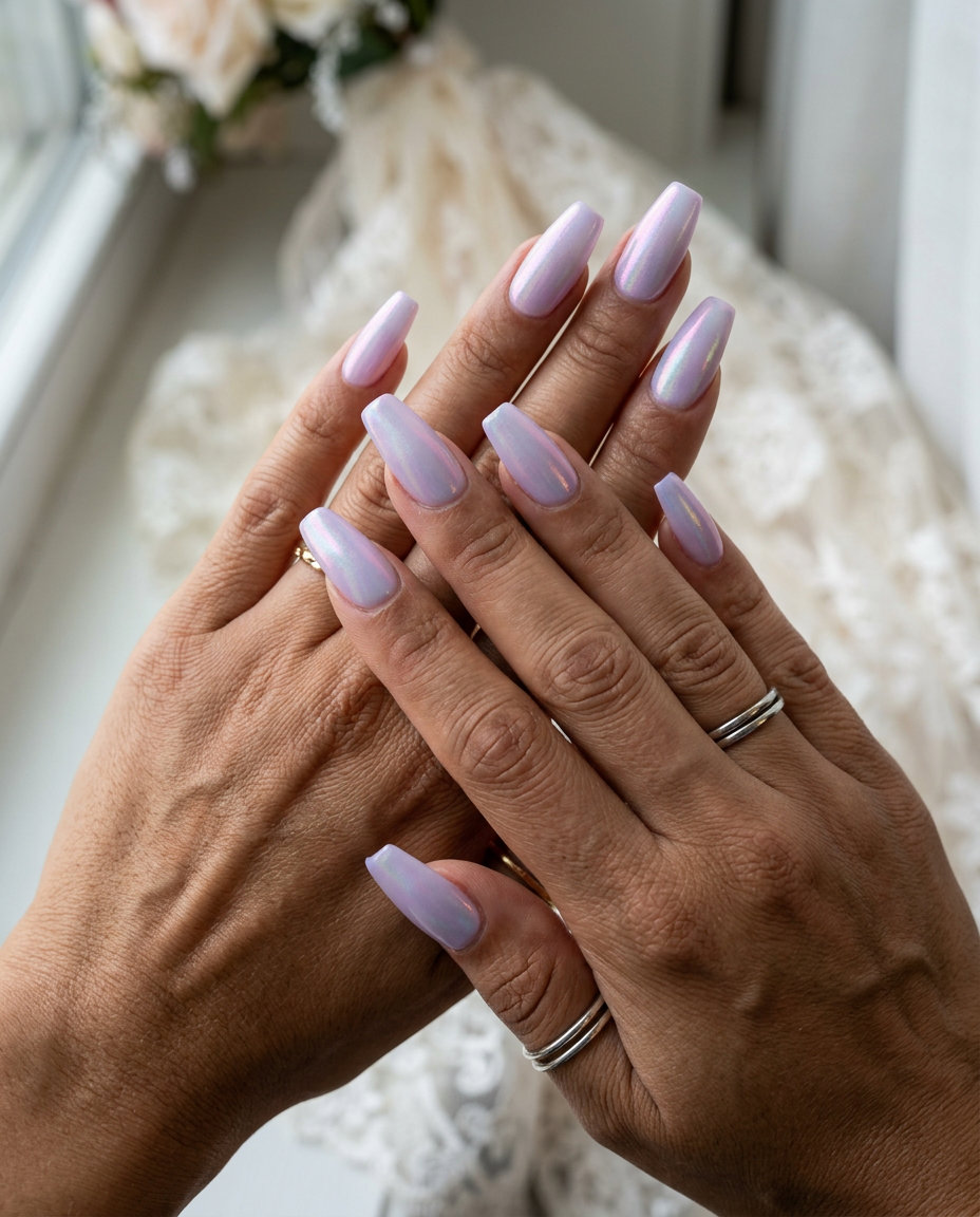 Light lavender aurora shimmer coffin nails for summer wedding nails 2026. Mystical and enchanting.