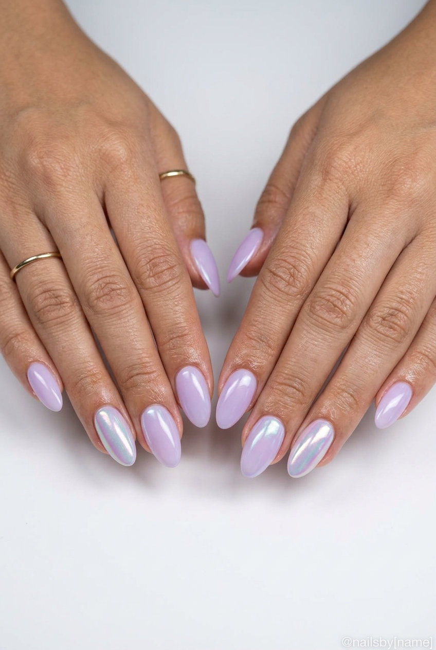 Milky lavender chrome nails for summer wedding nails 2026. Soft squoval shape with iridescent shimmer accent.