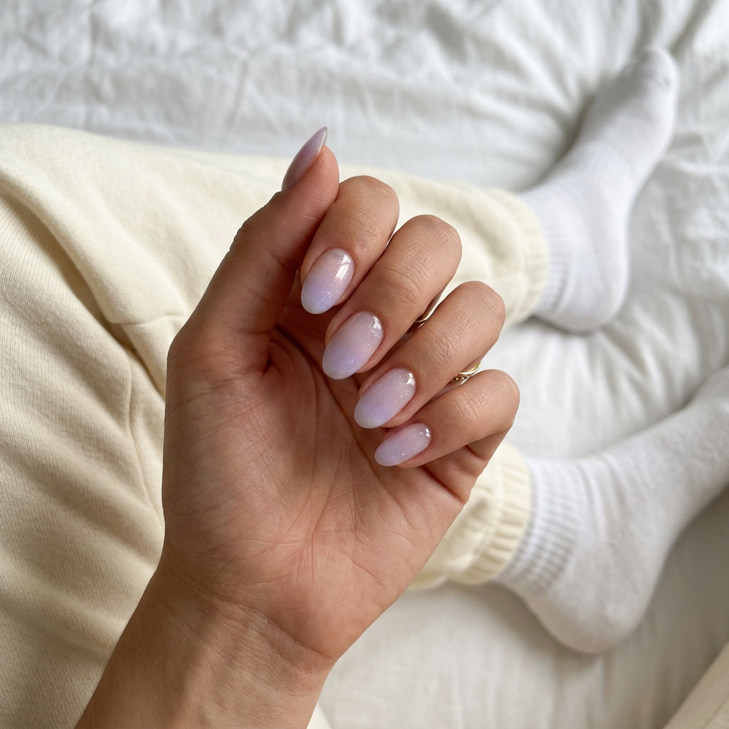 Lavender Jelly Ombre nails for summer wedding nails 2026. Romantic sheer lavender with holographic shimmer.