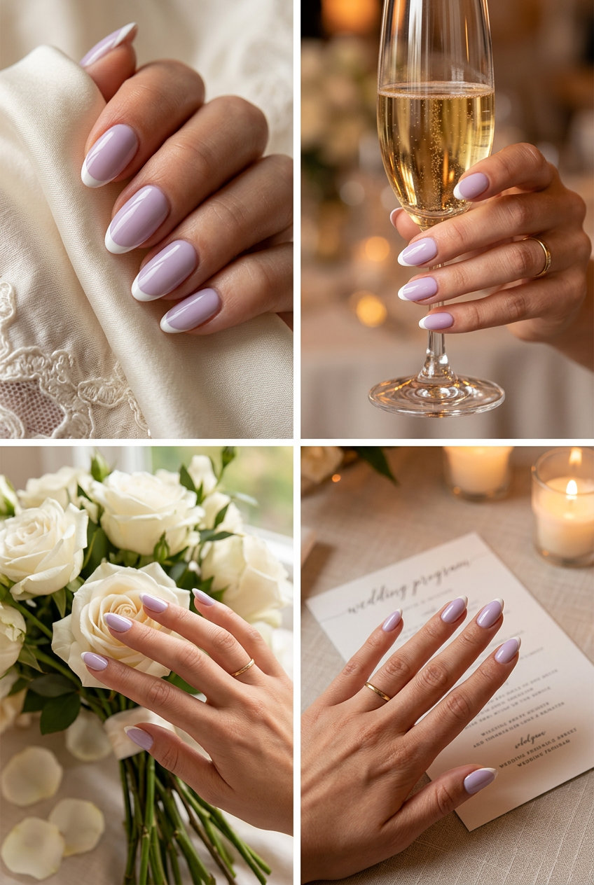 Lavender Micro French nails for summer wedding nails 2026. Sophisticated light lavender with crisp white tip.
