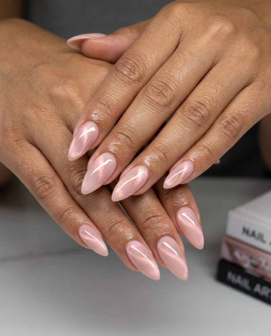 Mesmerizing Pink Cat-Eye Swirls nails for summer wedding nails 2026. Glamorous blush pink with shifting shimmer.