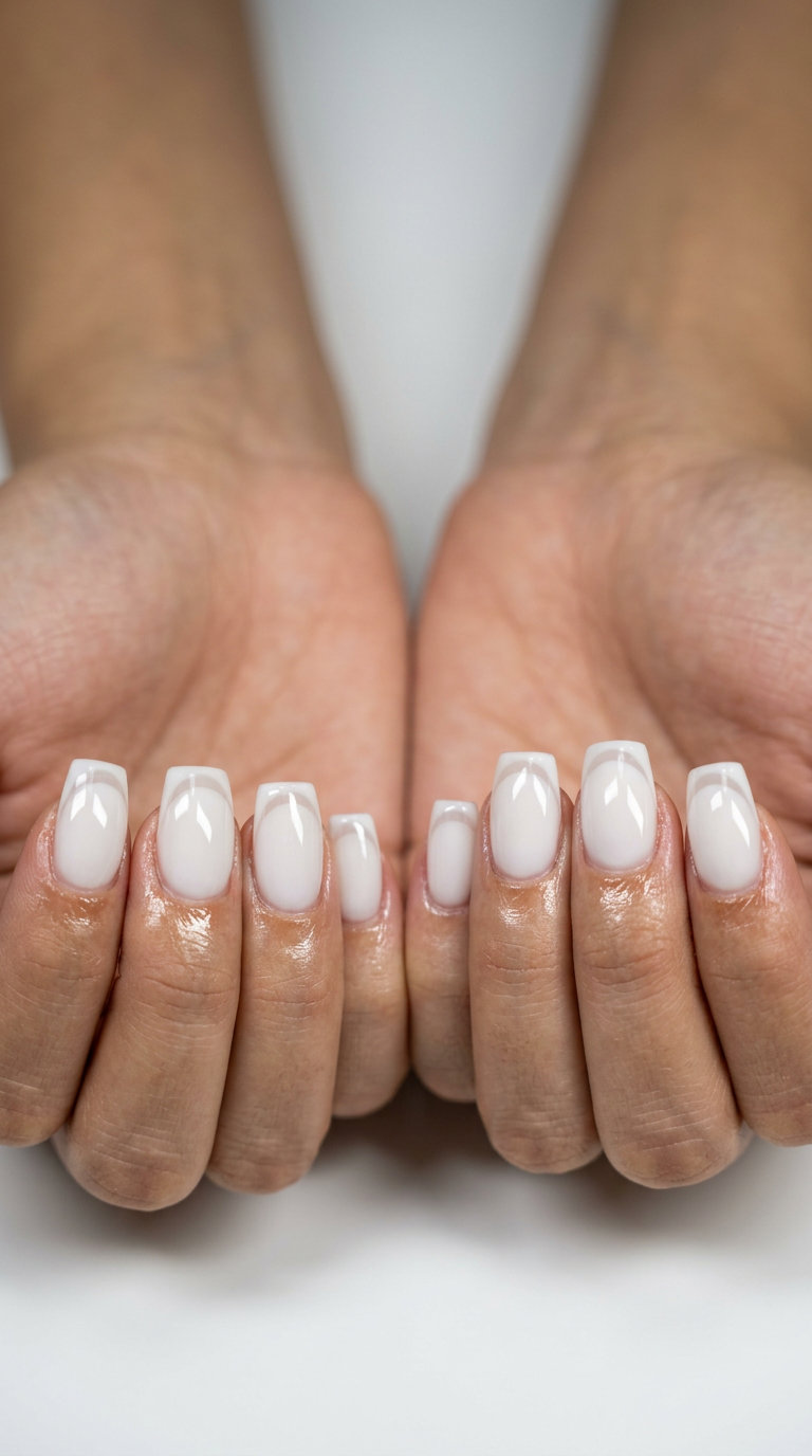 Modern Milky White Reverse French nails for summer wedding nails 2026. Sophisticated opaque white with sheer white tip.