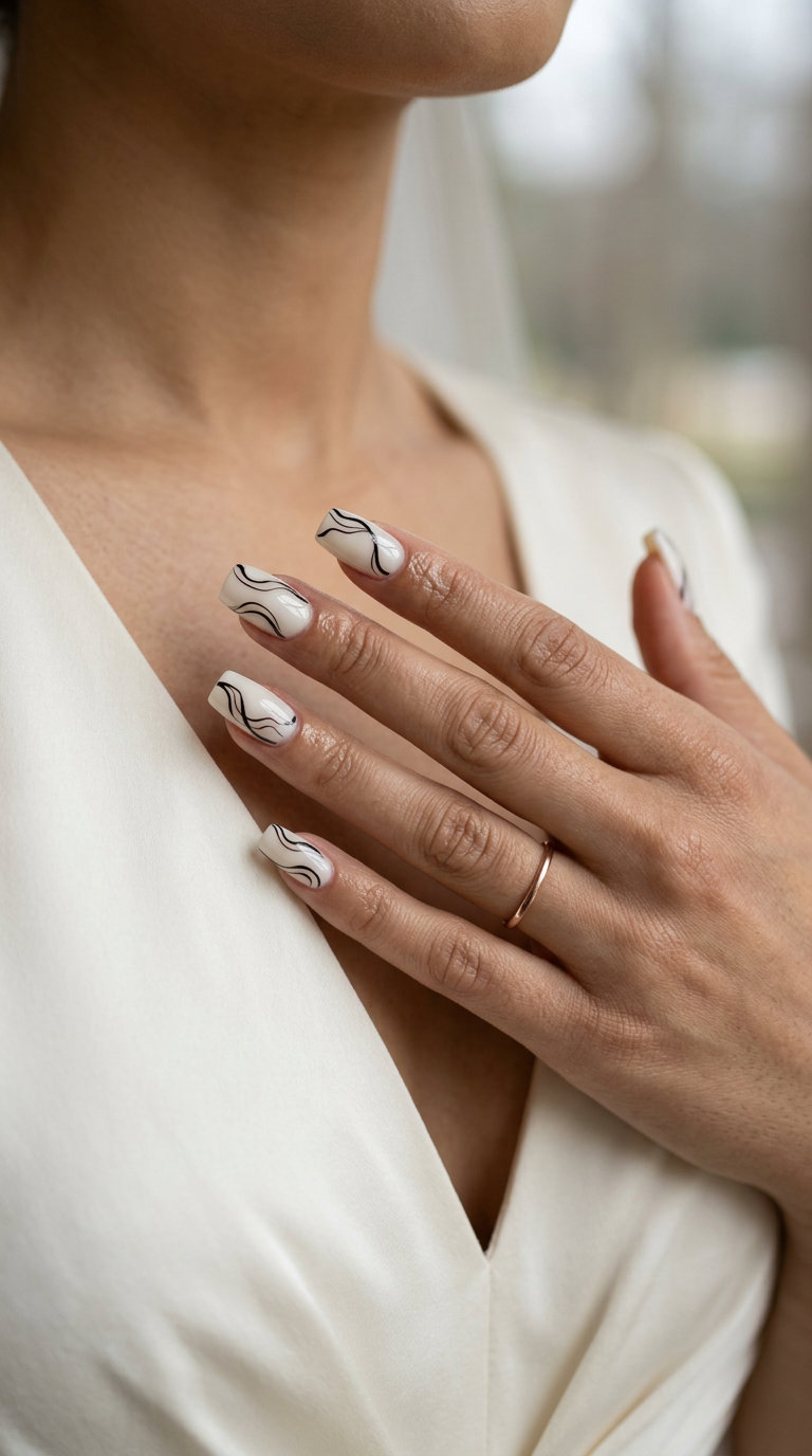 Monochrome Line Art Squoval nails for summer wedding guest 2026. Minimalist chic with milky white and black lines.