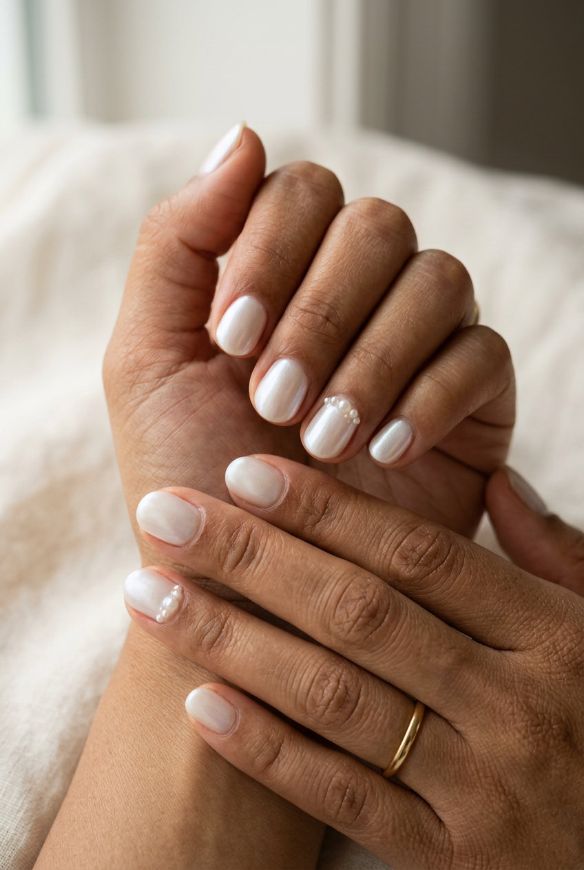 Pearlescent White 3D Pearl Accents nails for summer wedding 2026. Romantic luxurious ivory pearls on pearlescent white.