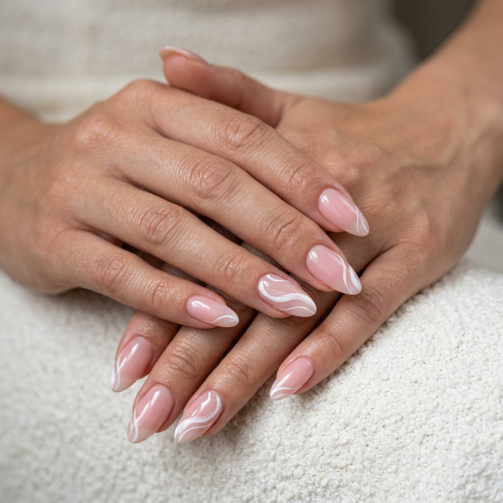 Sheer pink whisper swirl almond nails for summer wedding nails 2026. Sophisticated bridal shower look.