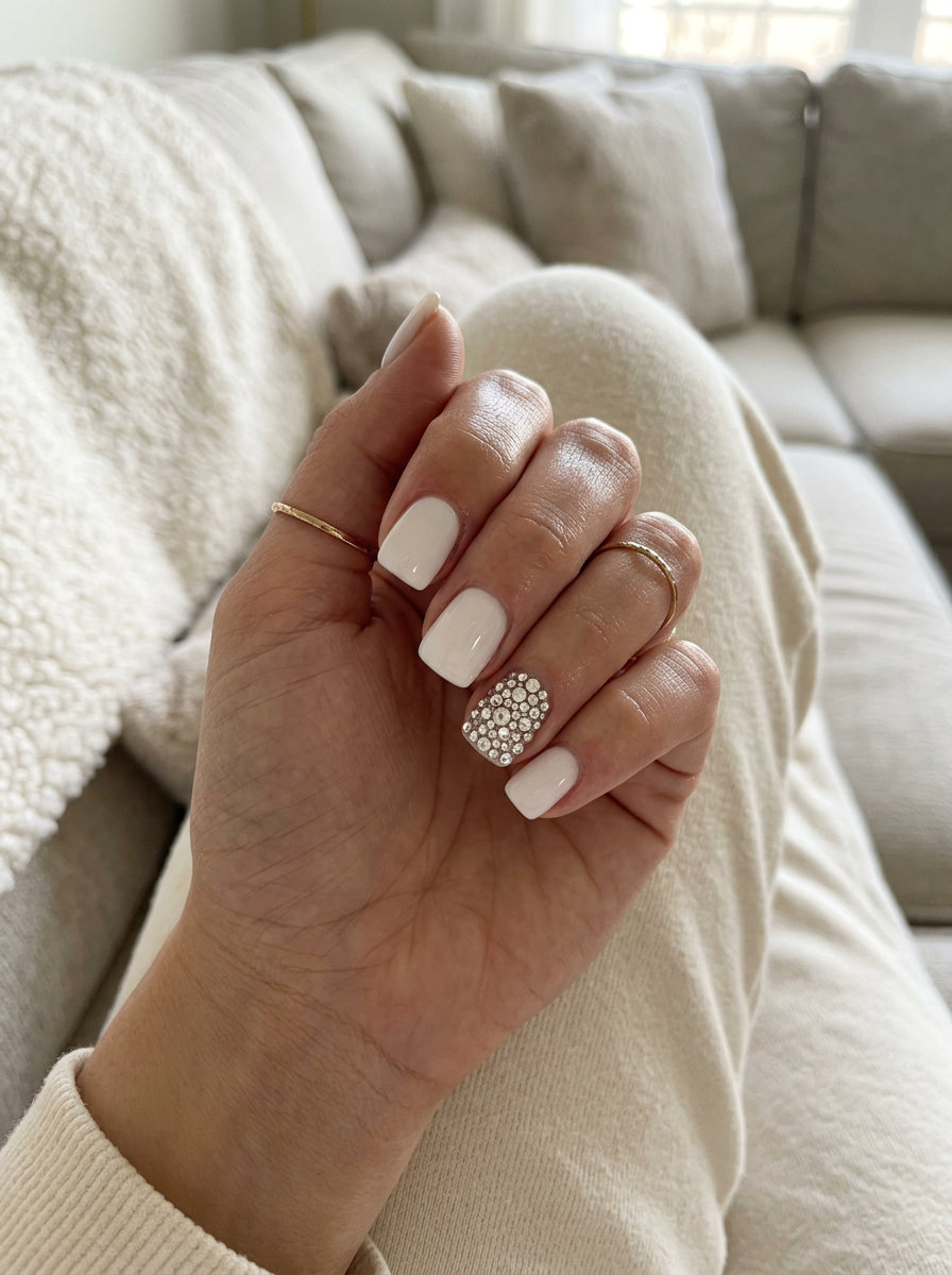 Sparkling Milky Way nails with rhinestones for summer wedding nails 2026. Glamorous milky white with crystal accents.