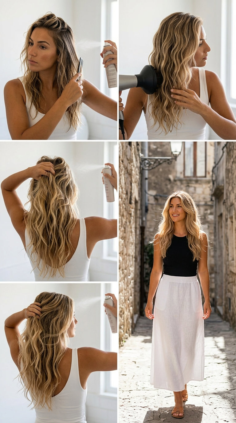 Sun-Bleached Layered Long Hair 2026 long layered hair with sun-bleached golden blonde color, sandy beige highlights, soft face-framing for beach days