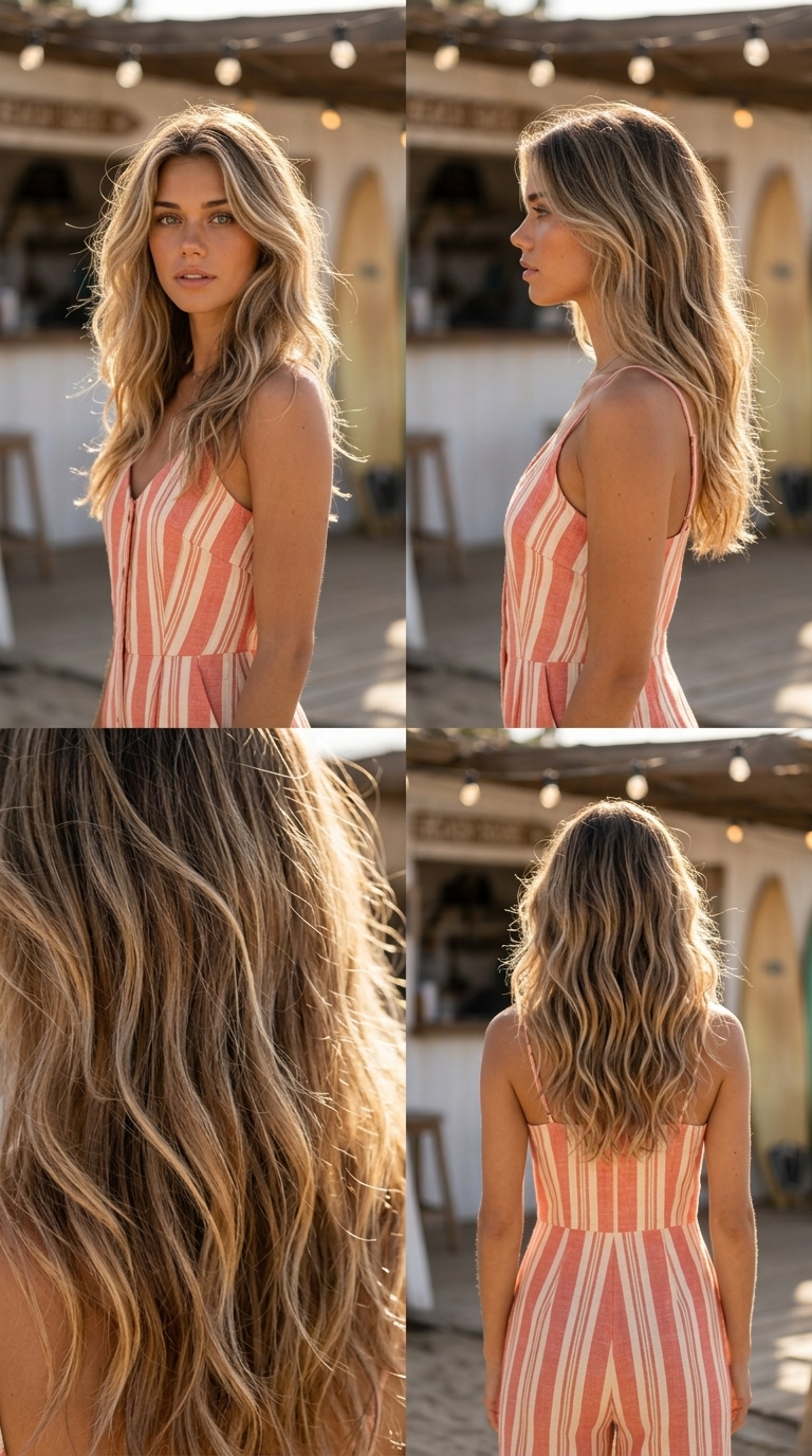 medium wavy hairstyle with sun-bleached blonde, air-dried texture for beach day