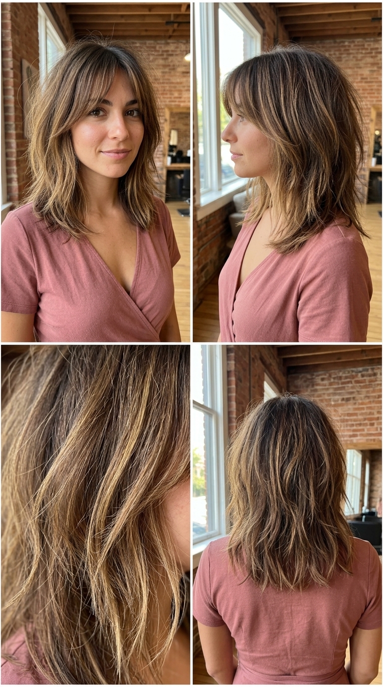 collarbone-length shag-lob haircut in sun-kissed brunette with golden balayage, shaggy texture, curtain bangs — breezy casual look