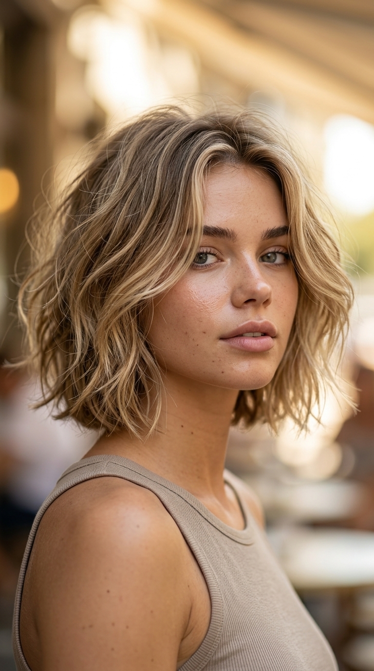 chin-length wavy bob haircut with sun-kissed balayage, undone texture, no fringe — playful summer look
