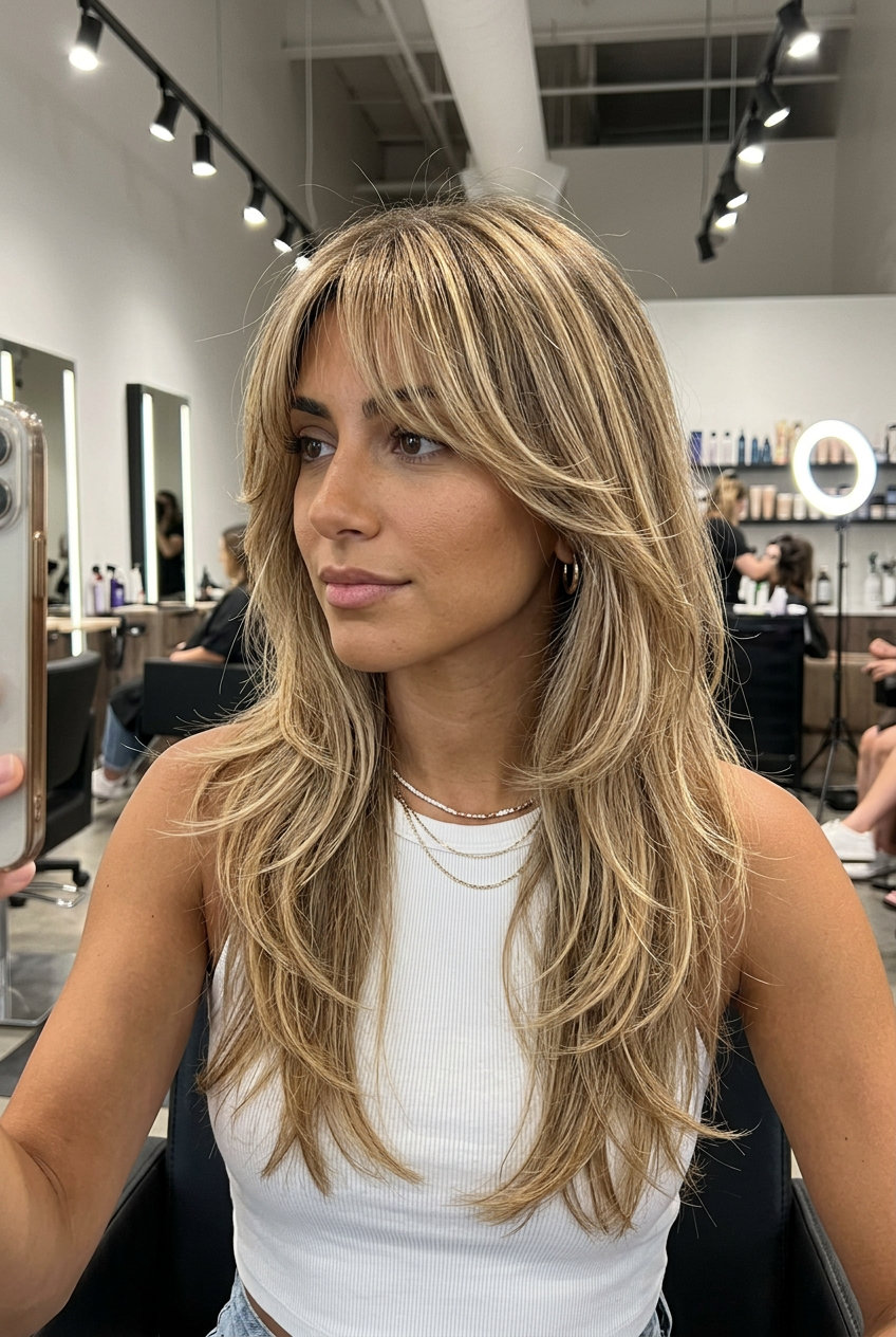 long shag haircut with golden blonde sun streaks on sandy brown base and wispy fringe