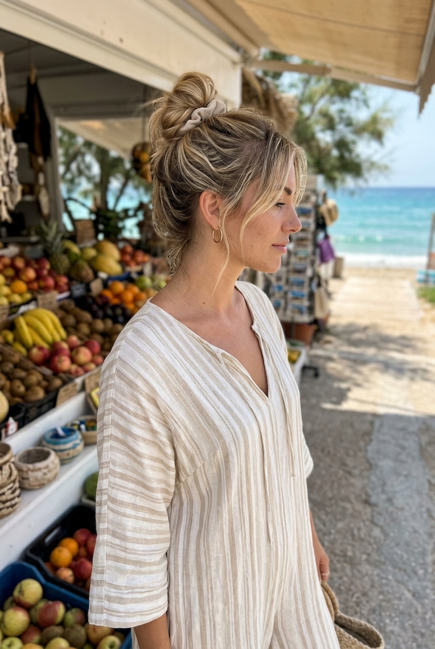 Summer Swirl Bun with Sunny Blonde 2026 long sunny blonde summer swirl bun with soft scrunchie, loose texture, face-framing wisps β casual beach day