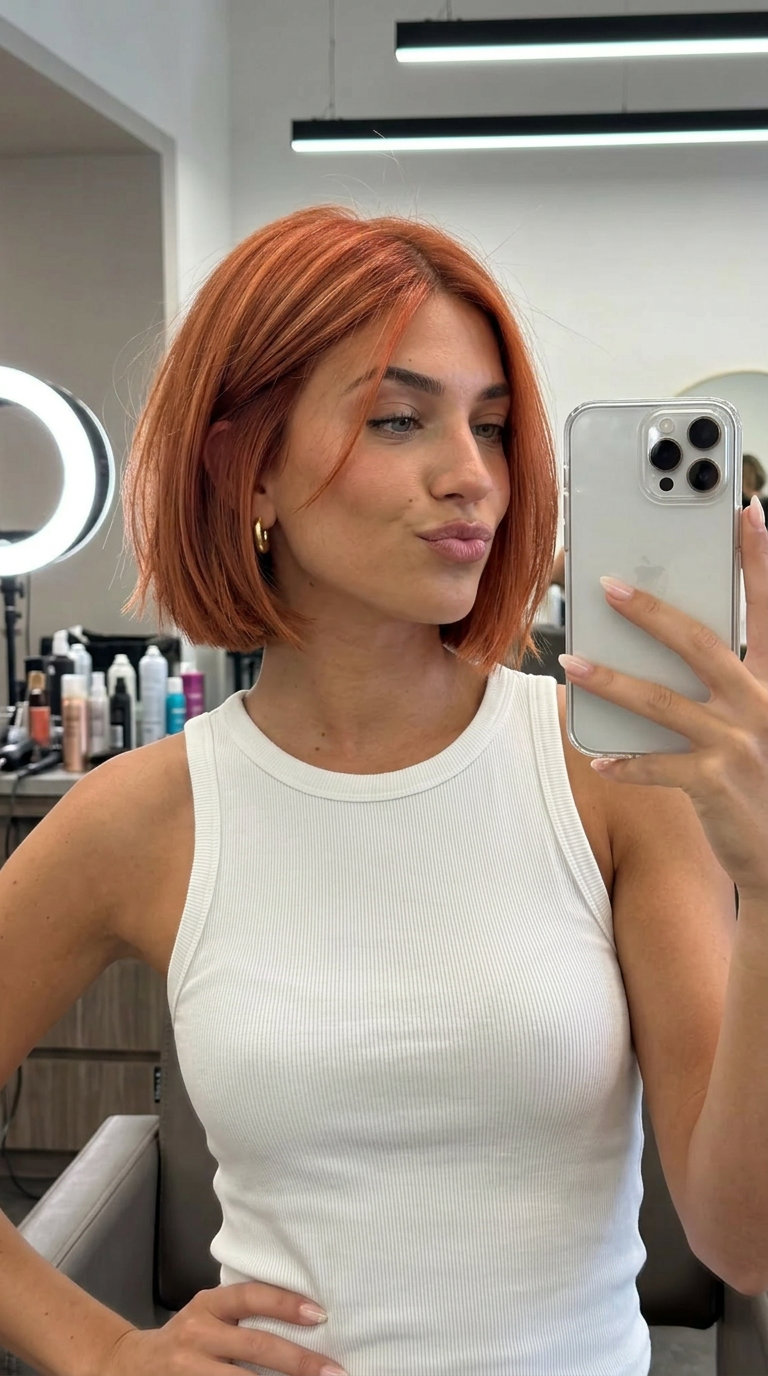 Fiery Rebel Copper Bob 2026 short blunt bob haircut in sunset copper with strawberry blonde ribbons for edgy festivals