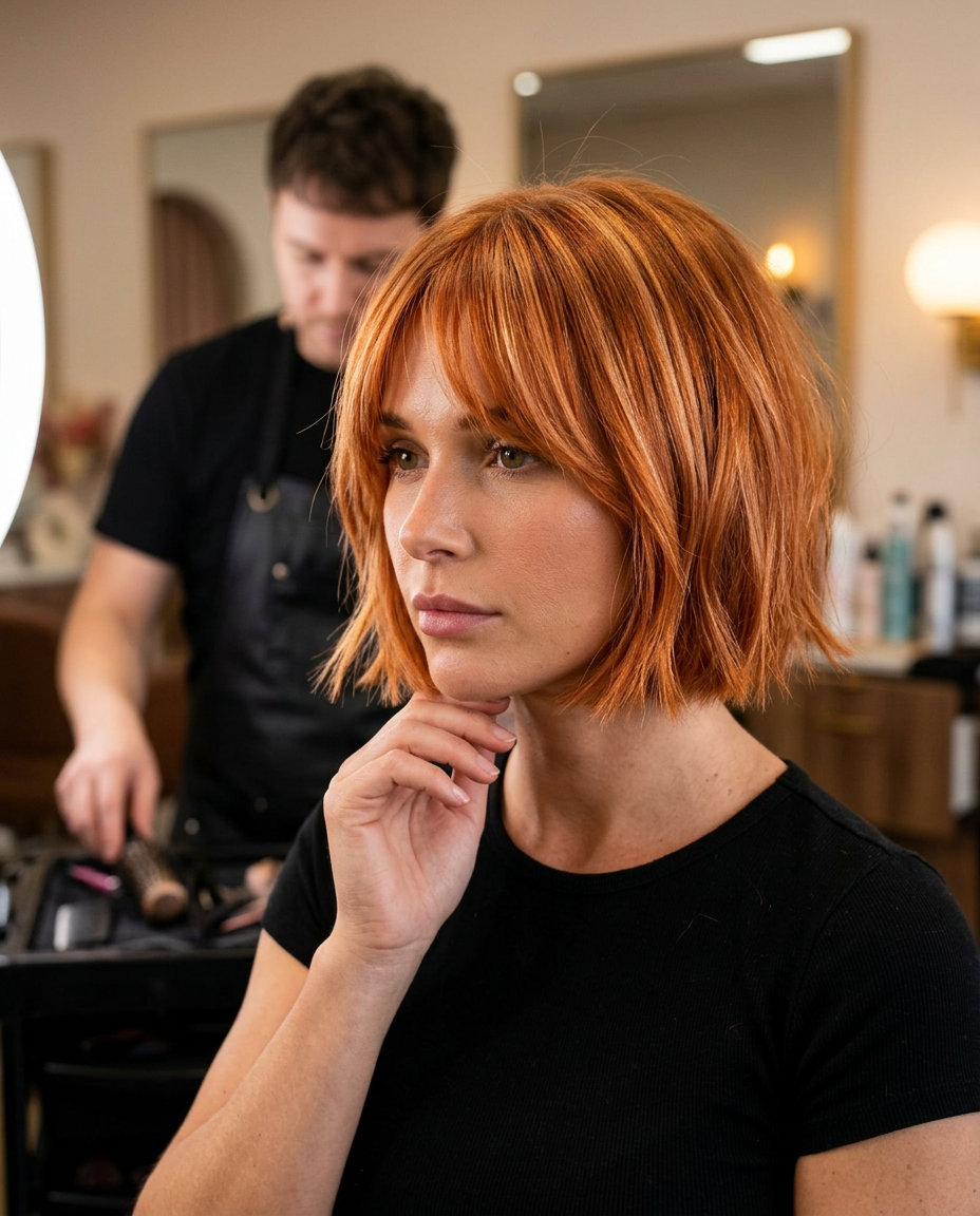 Fiery Sunset Copper Bob with Ribbons 2026 short blunt bob haircut in sunset copper with strawberry blonde ribbons and fringe for festival