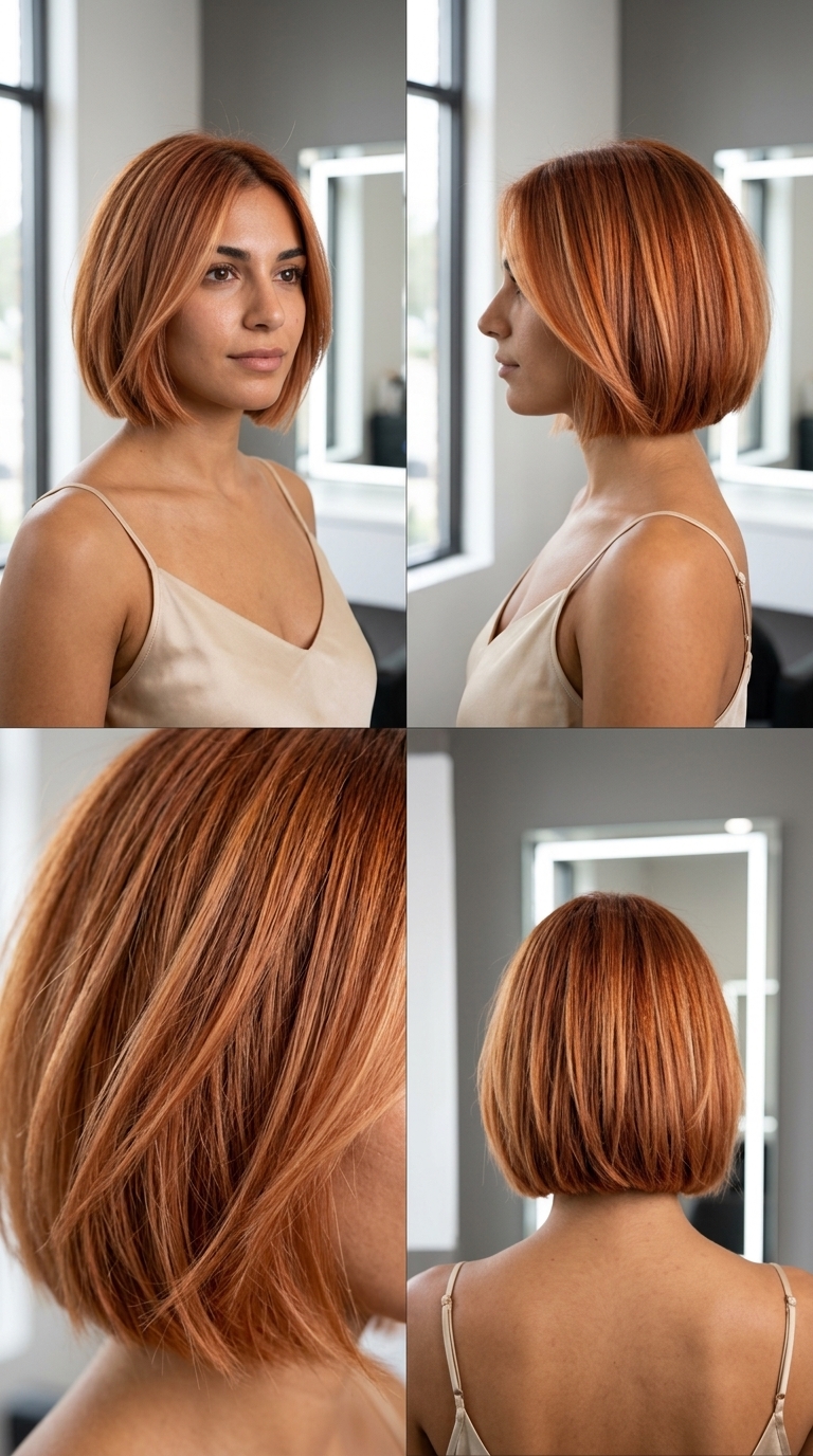 Sunset Copper Blunt Bob 2026 short blunt bob haircut with sunset copper and strawberry blonde, balayage, point-cut ends β vibrant summer style