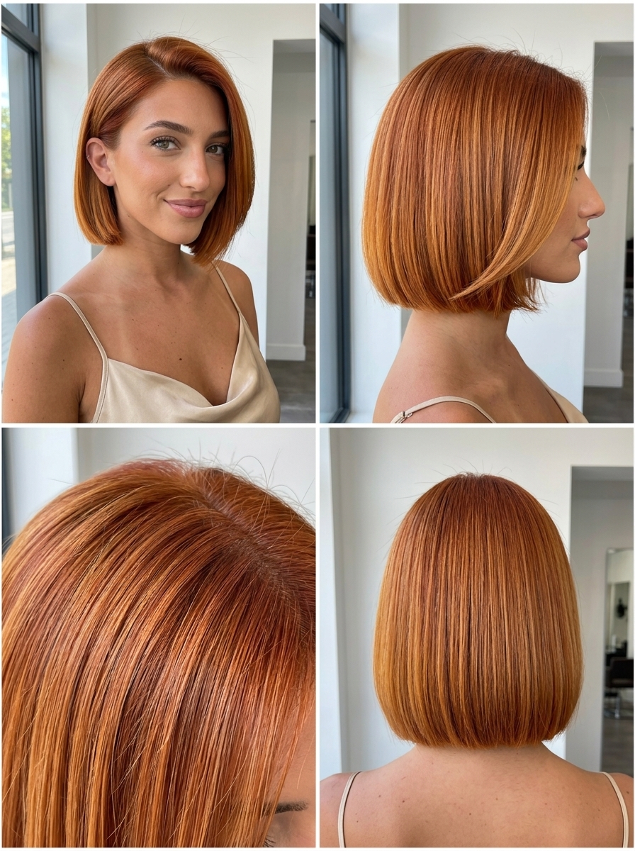 Gorgeous Summer Blunt Bob 2026: Fiery Sunset Bob short blunt bob haircut with vibrant sunset copper color, golden undertones, deep side part β bold, glamorous