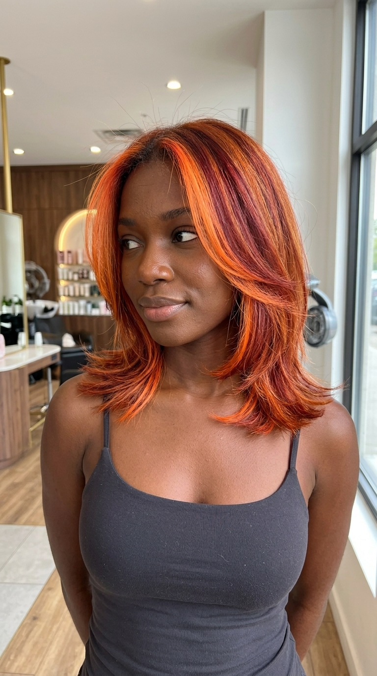 medium-length sunset orange highlights with ruby red and copper base, textured layers — playful fiery look