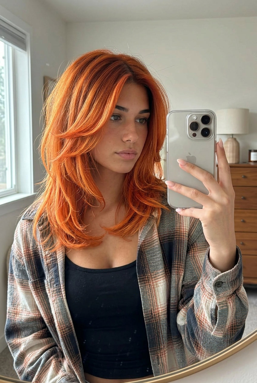 shoulder-length sunset orange wolf cut with copper, peach gradients, strong razored layers, jawline face-framing — bold, vibrant, playful