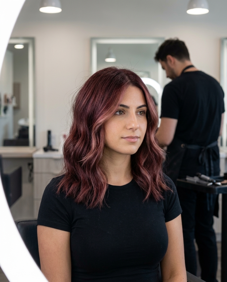 long layered haircut with translucent syrah red-violet face-framing highlights, French chic style