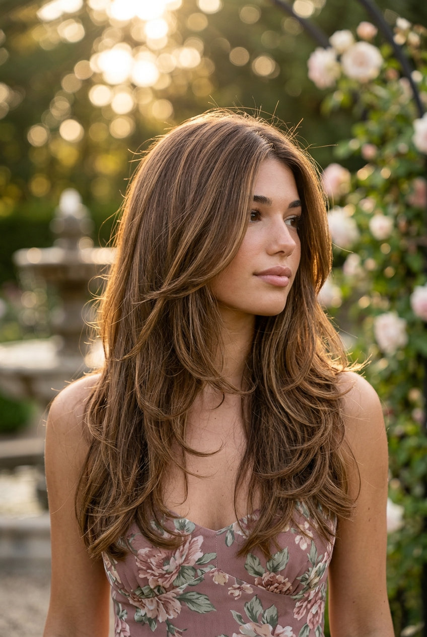 long butterfly haircut in syrup brunette with caramel balayage, face-framing layers and U-shape back for summer
