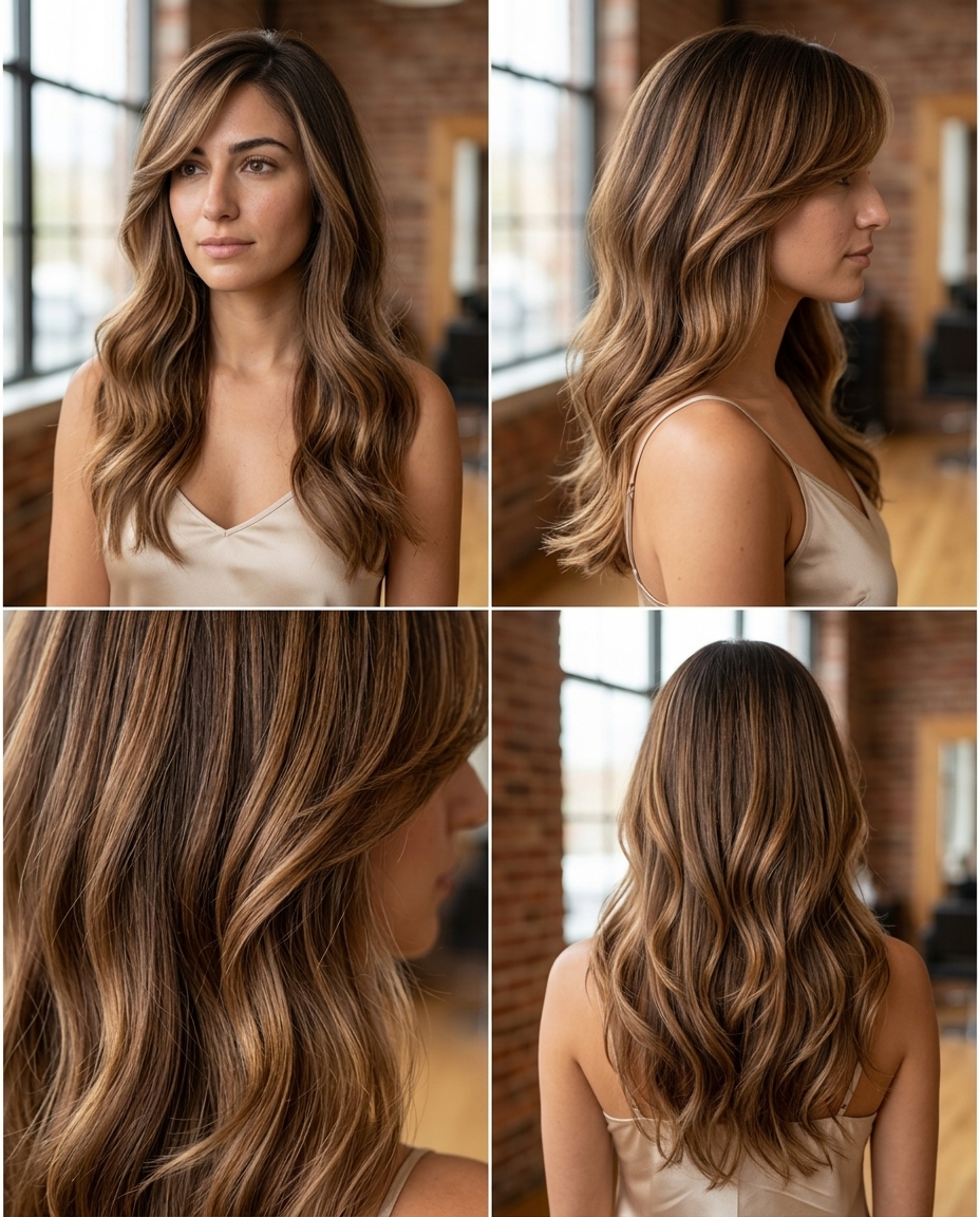 long haircut with syrup brunette, warm caramel balayage and deep side part for date night