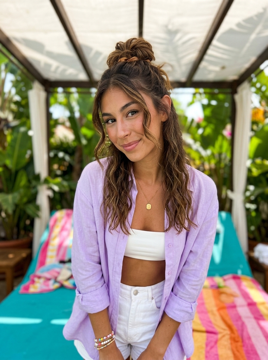 Half-Up Messy Bun 2026: Playful & Casual long syrup brunette half-up messy bun hairstyle with caramel ribbons and textured ends