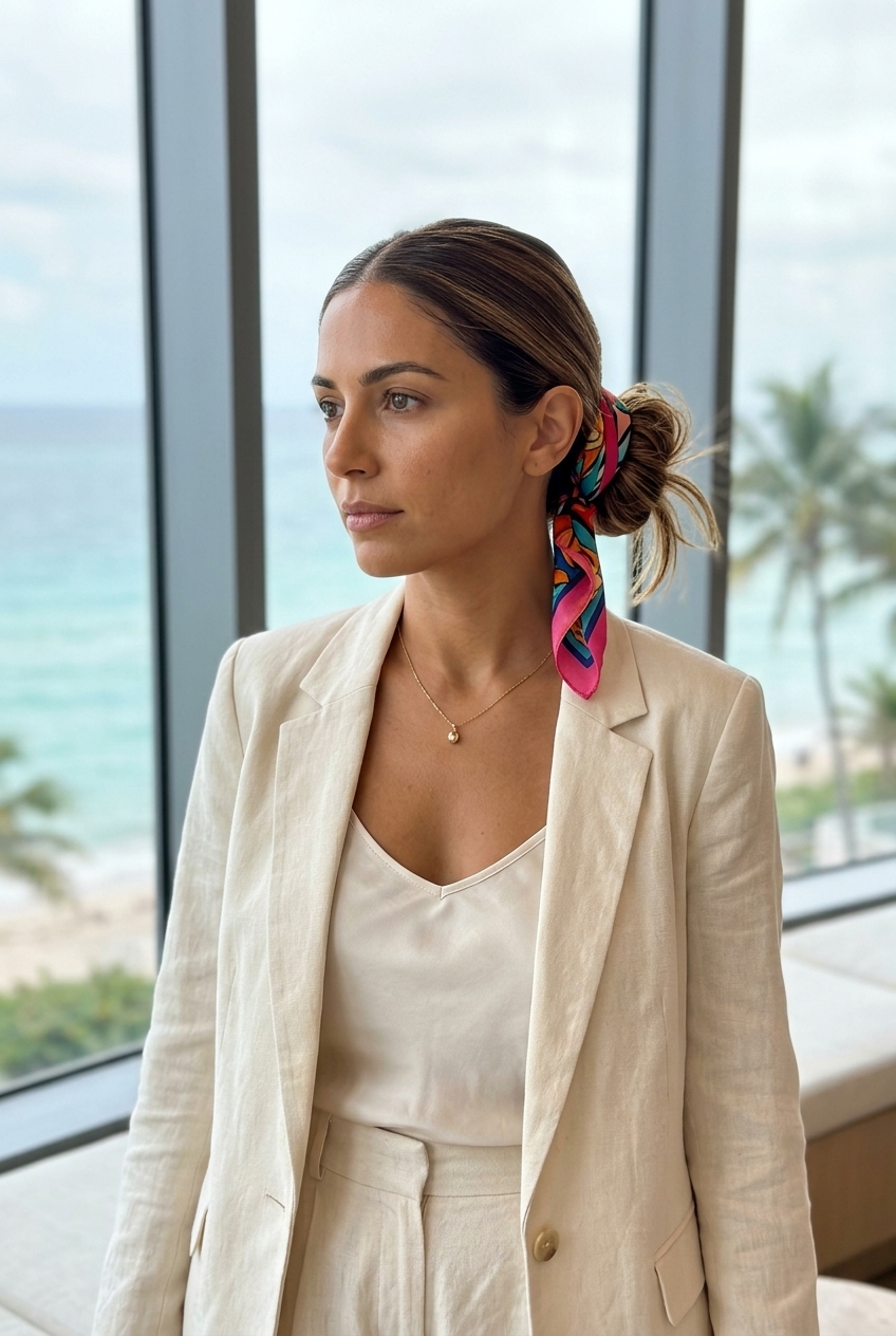 Urban Retreat Messy Bun 2026: Scarf Accent long syrup brunette low messy bun hairstyle with vibrant scarf and sleek front