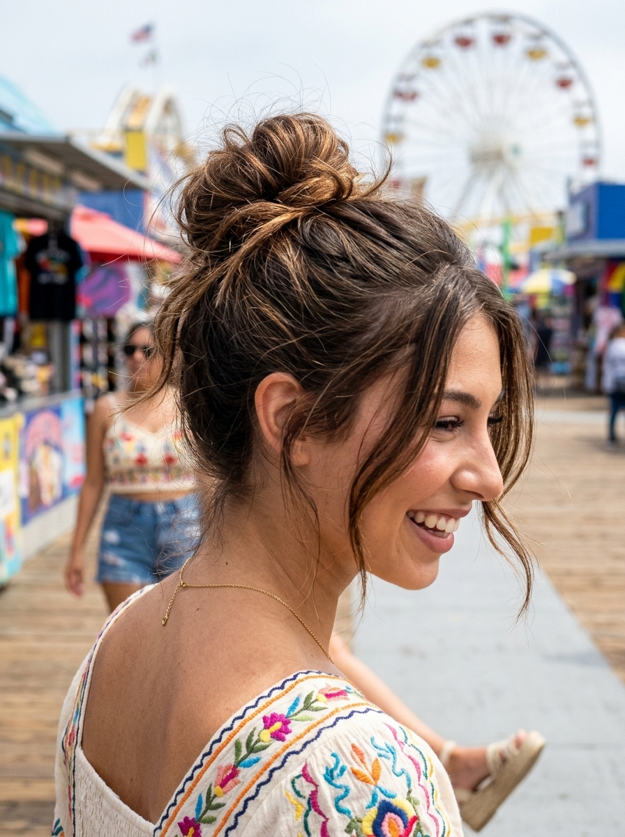 Festival Messy Bun 2026: Tousled & Boho long syrup brunette messy bun hairstyle with face-framing pieces and caramel ribbons