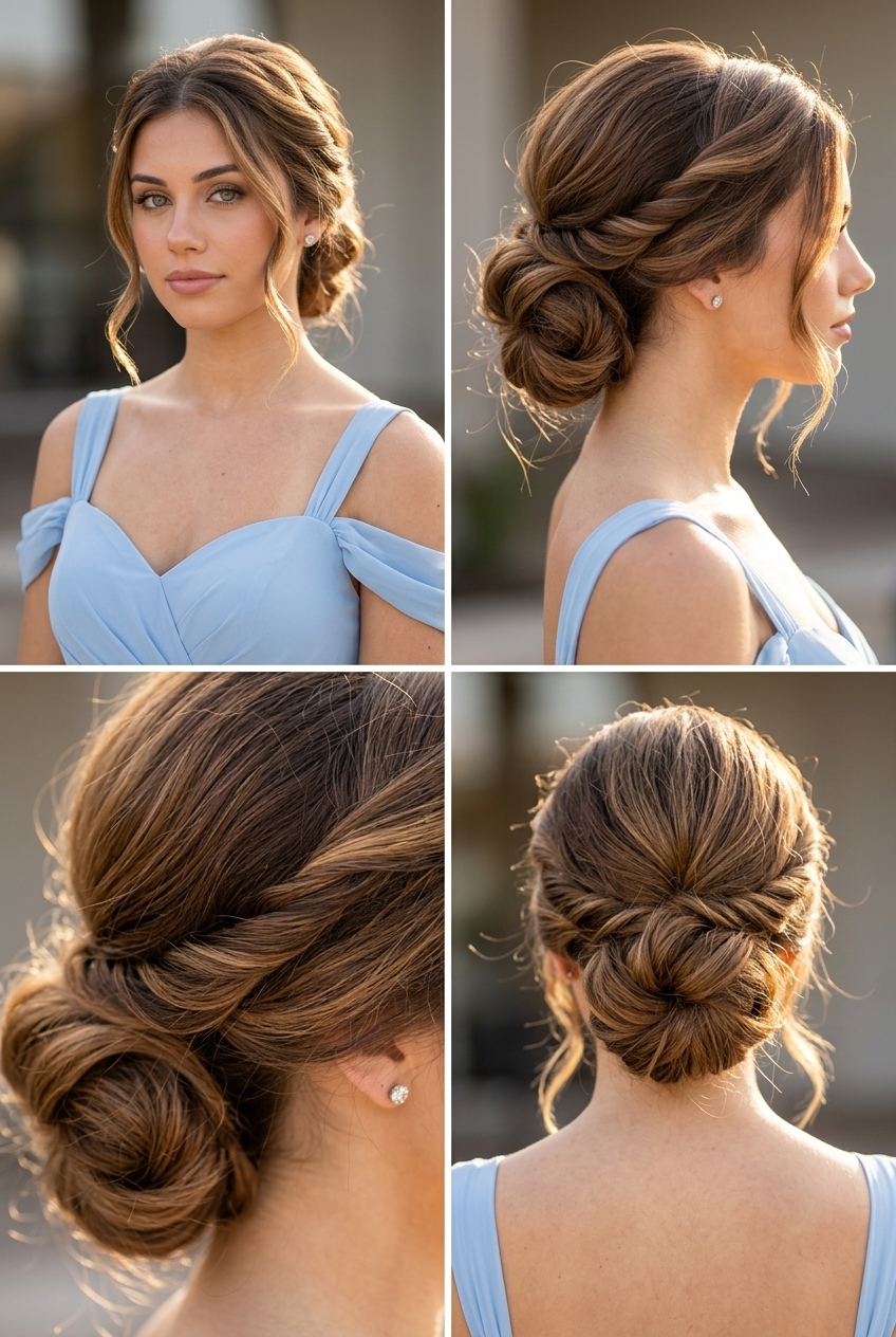 Twisted Halo Messy Bun 2026 long syrup brunette messy bun with caramel undertones, twisted halo and romantic for formal events