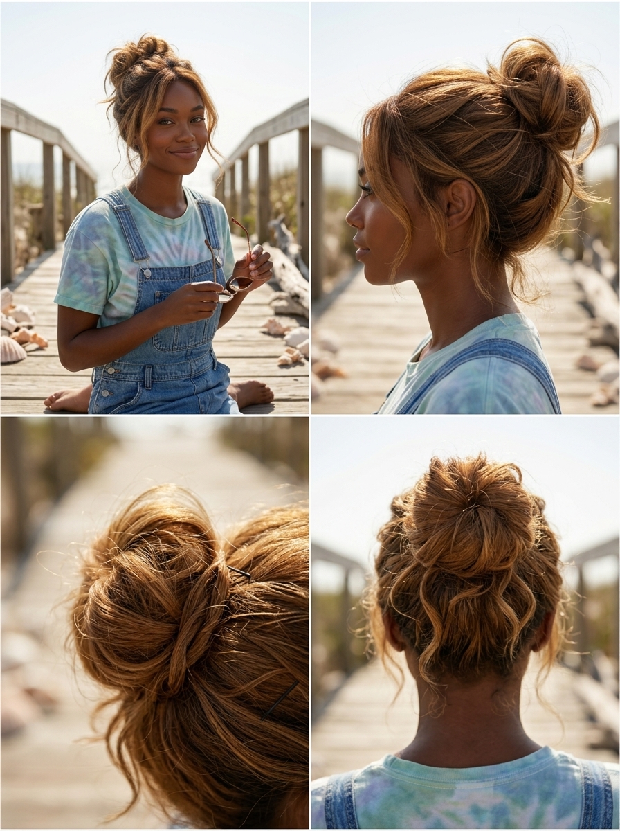 'Shaggy' Messy Bun: Syrup Brunette Grunge Style 2026 Syrup brunette messy bun hairstyle with golden amber undertones and caramel ribbons for casual outings