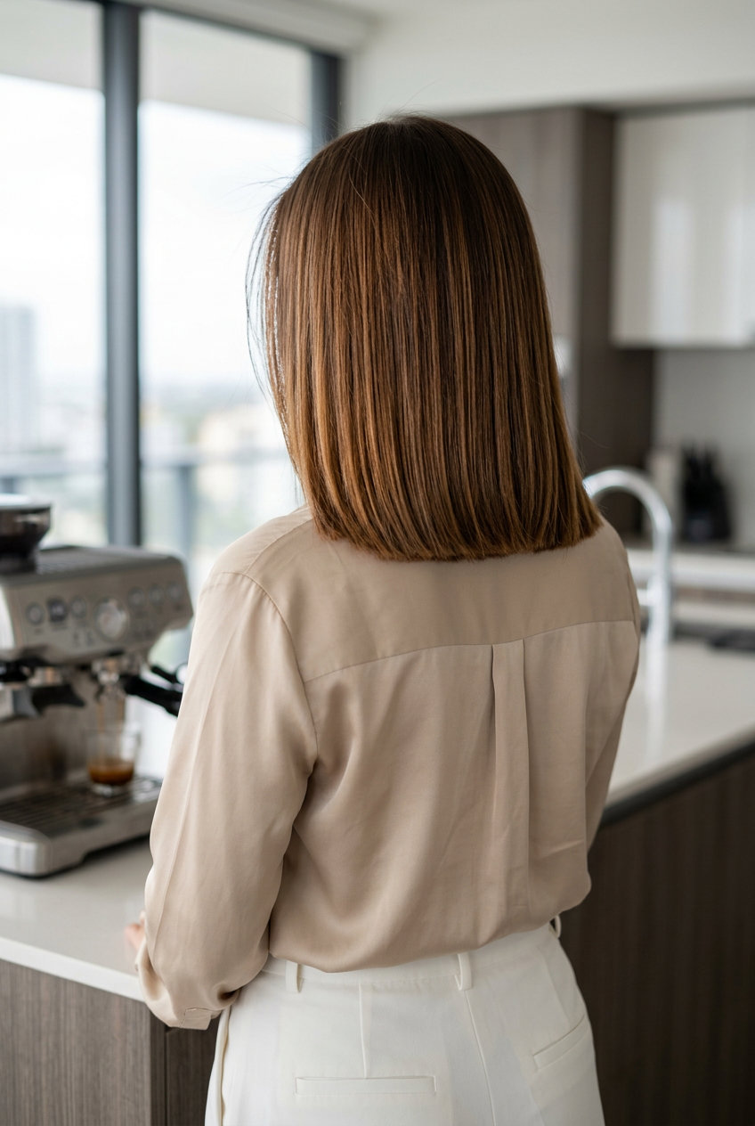 shoulder-length lob haircut in Syrup Brunette with caramel ribbons, blunt cut and center part for summer