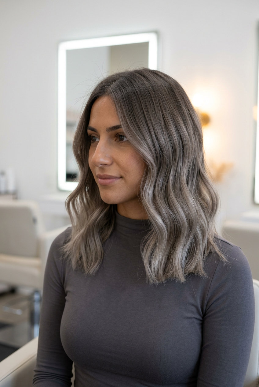 long taupe haze color melt with ash brown and cool sand blonde, seamless melt — sophisticated professional look