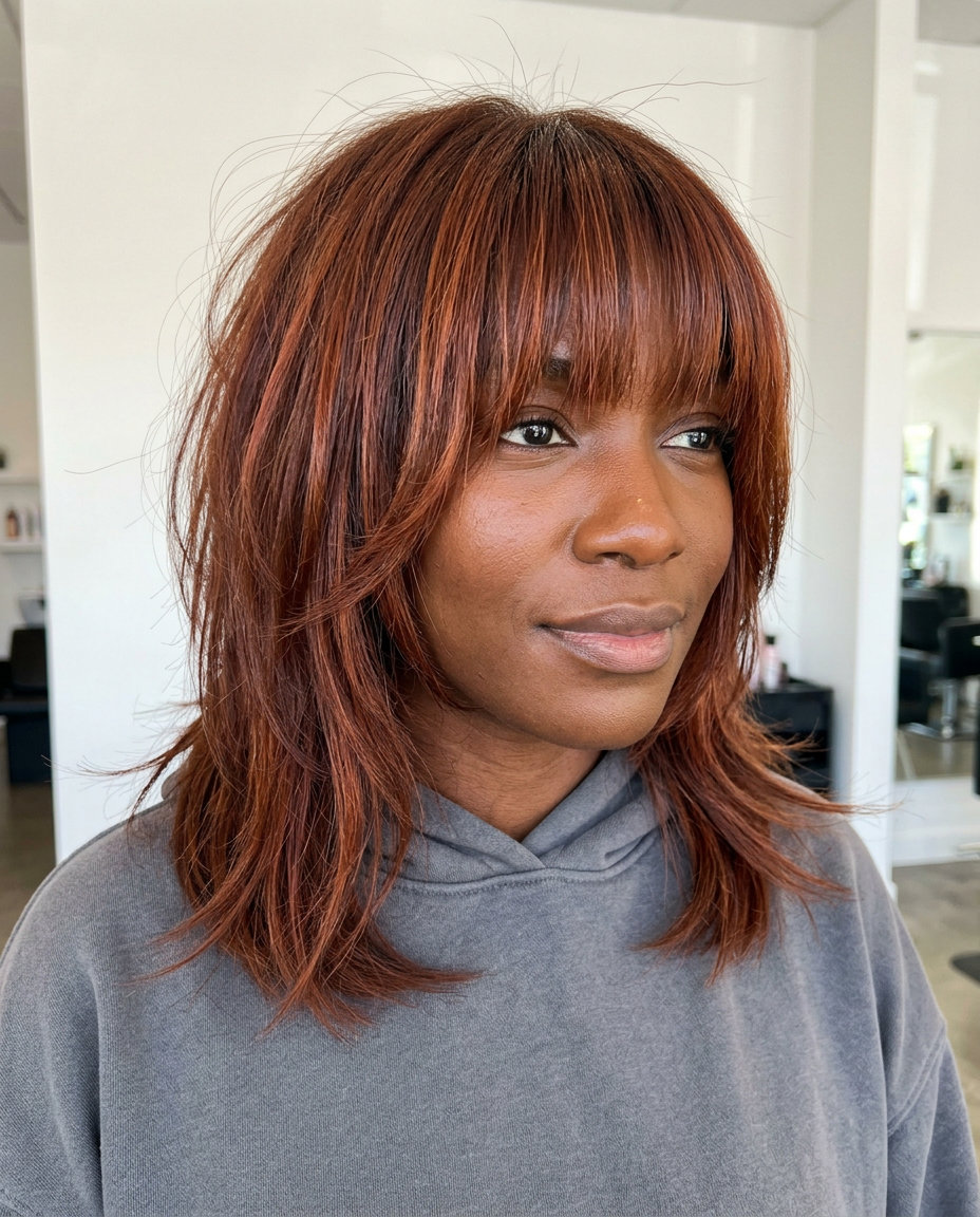 medium shag haircut with terracotta and burnt orange auburn and full textured bangs