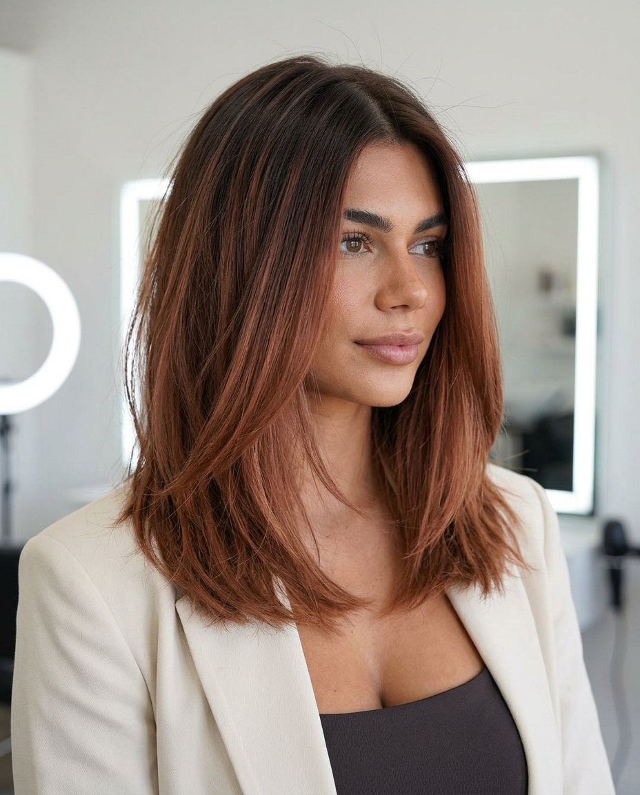 long terracotta copper balayage with brunette root, color melt technique for weekend events