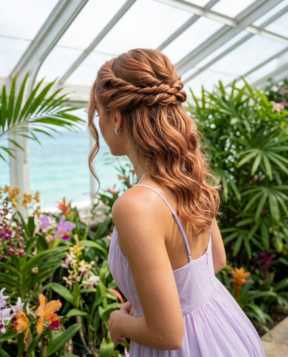 long terracotta copper waves with twists, face-framing tendrils, no fringe — romantic garden party look