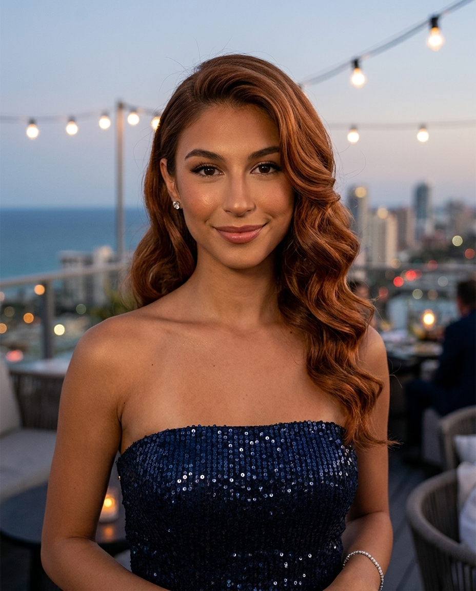long wavy hairstyle with terracotta copper, dramatic S-waves for gala