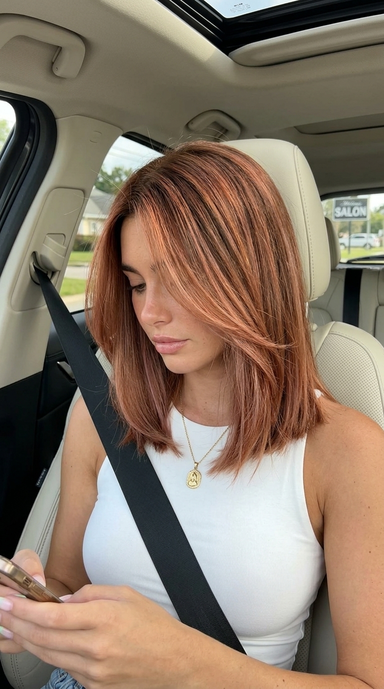 long terracotta rose balayage with warm copper, face-framing pieces, no fringe — earthy romantic chic