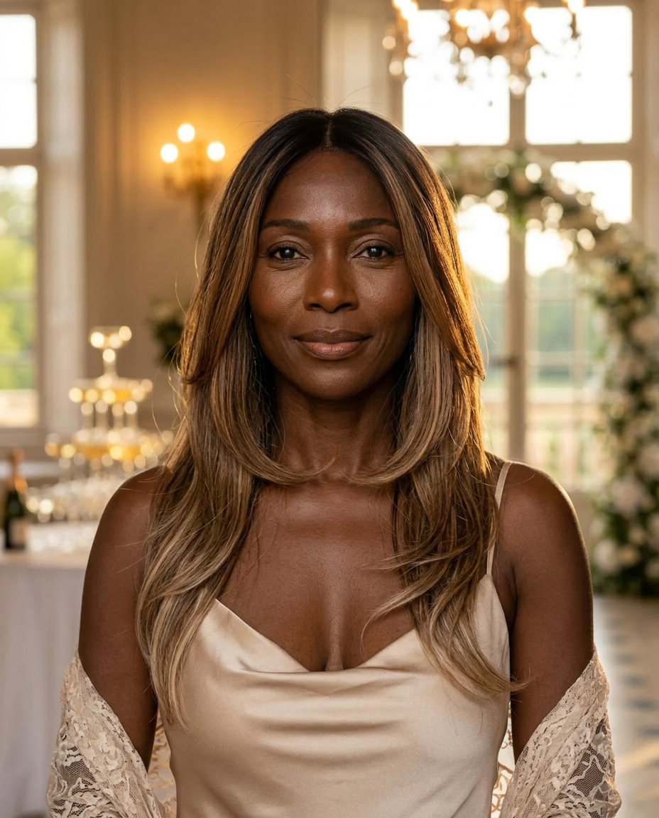long haircut with tiramisu balayage, soft curved layers, face-framing pieces — romantic summer