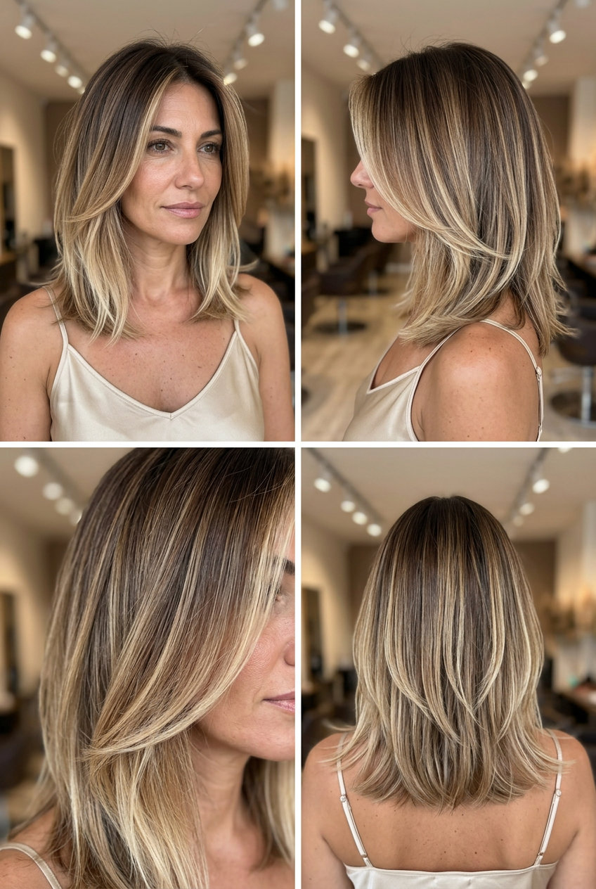 medium tiramisu lob haircut with dark chocolate to blonde balayage, soft internal layers, no bangs — effortless summer waves