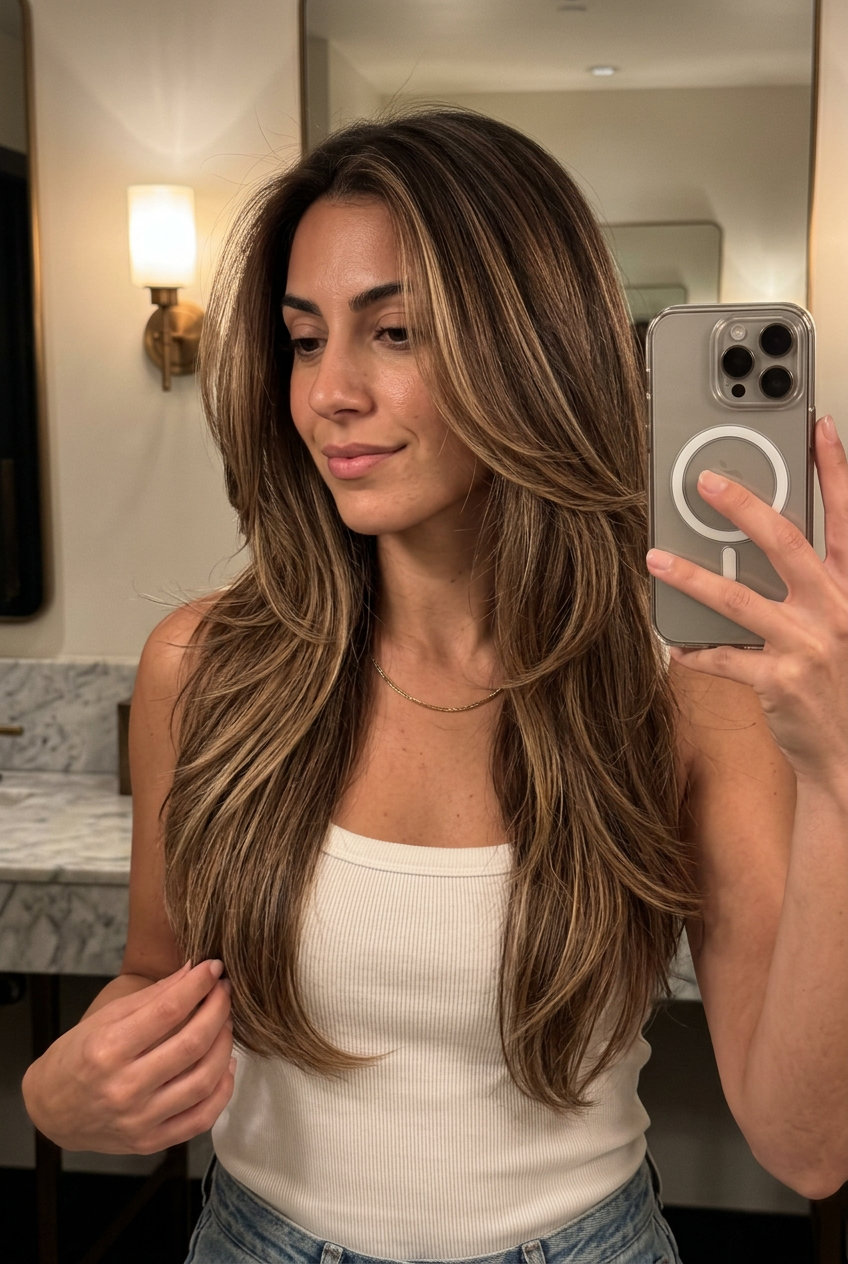 mid-back length haircut with toasted brown and beige balayage on brunette, subtle V-cut, long layers — effortless summer glow