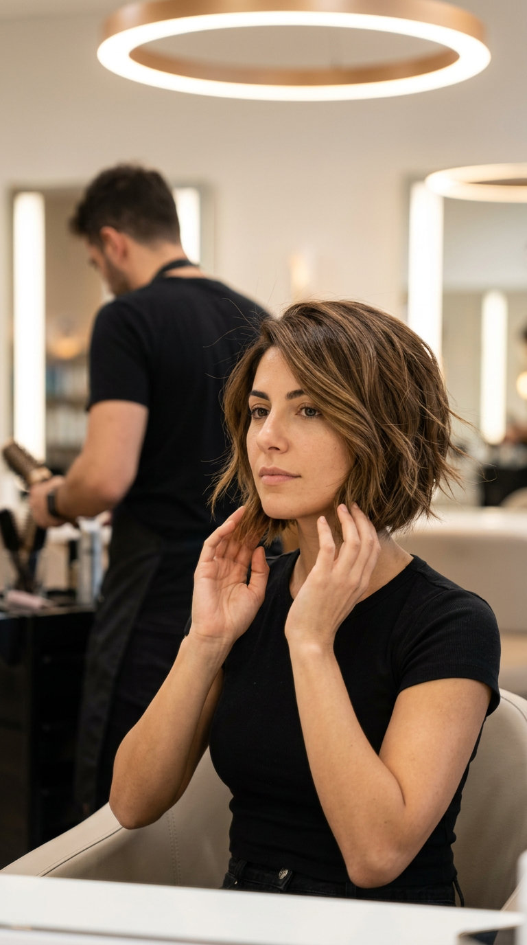 chin-length choppy bob haircut with warm toffee brunette & caramel balayage, textured layers for round face