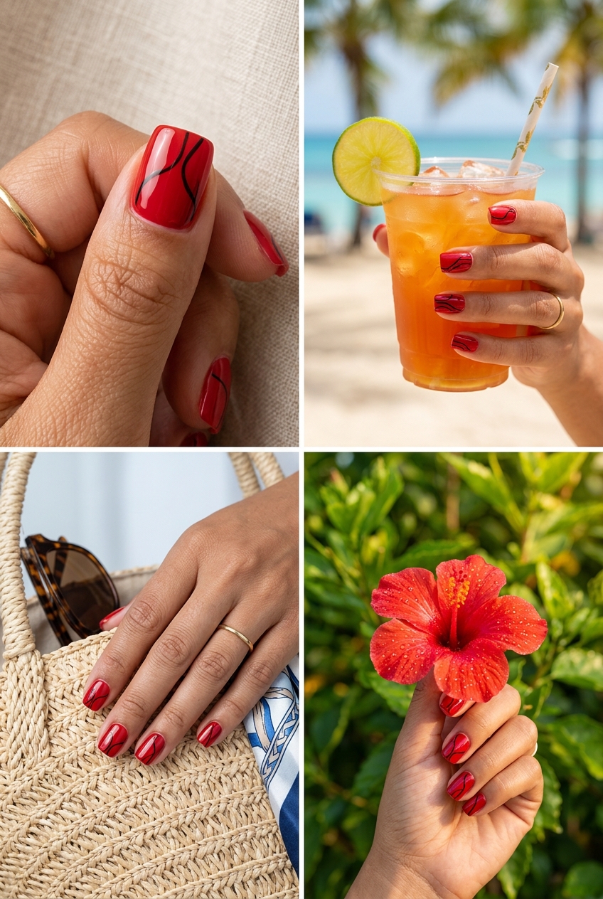 Cherry Red Abstract Nails 2026: Edgy Night Out Style Trending summer nails 2026: Glossy Cherry Red Abstract Lines for daily, night out, edgy fashion. Bold.