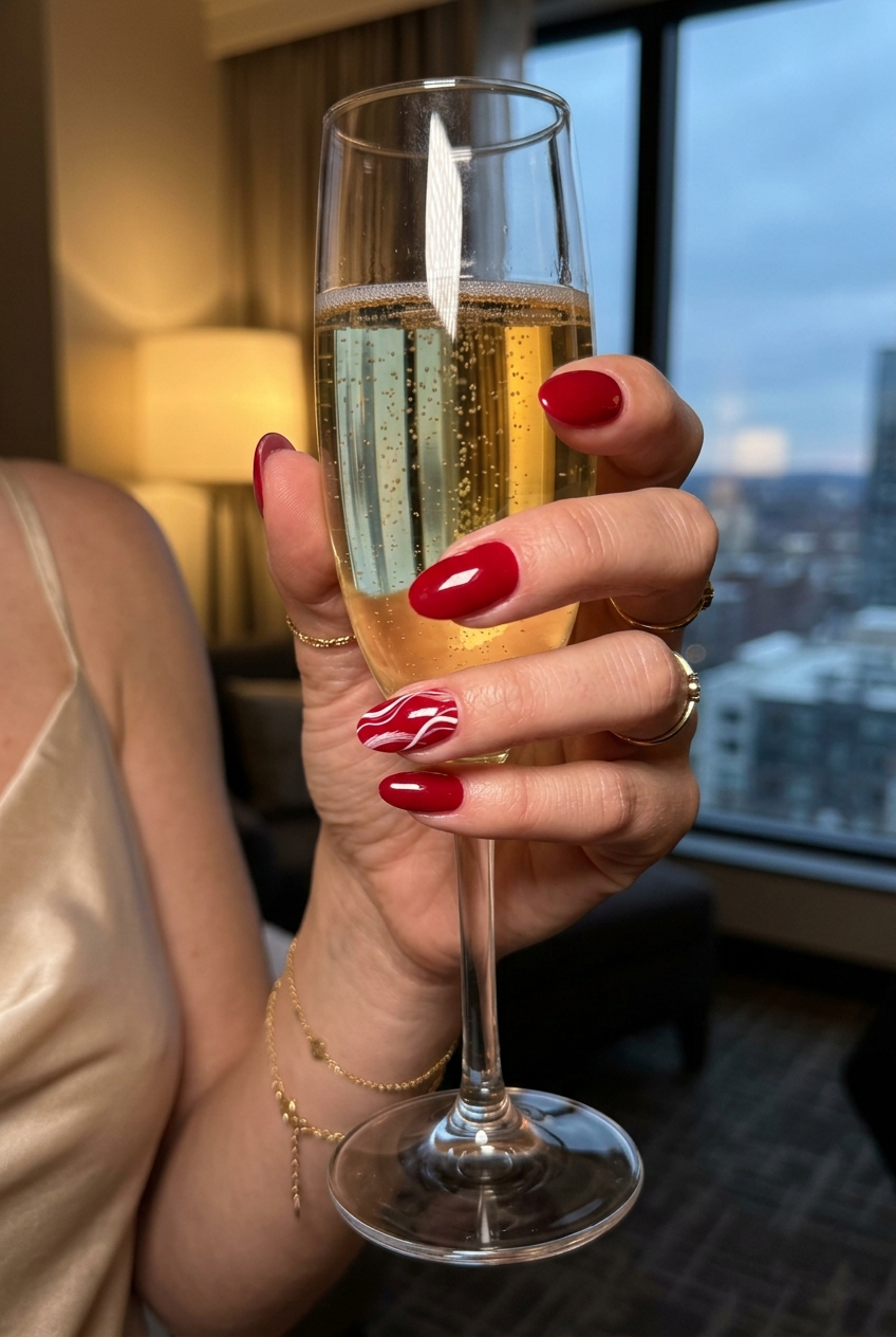 Cherry Red Swirl Accent Nails 2026: Chic Brunch Style Trending summer nails 2026: Glossy Cherry Red Swirl Accent for casual, date night, summer brunch. Romantic.