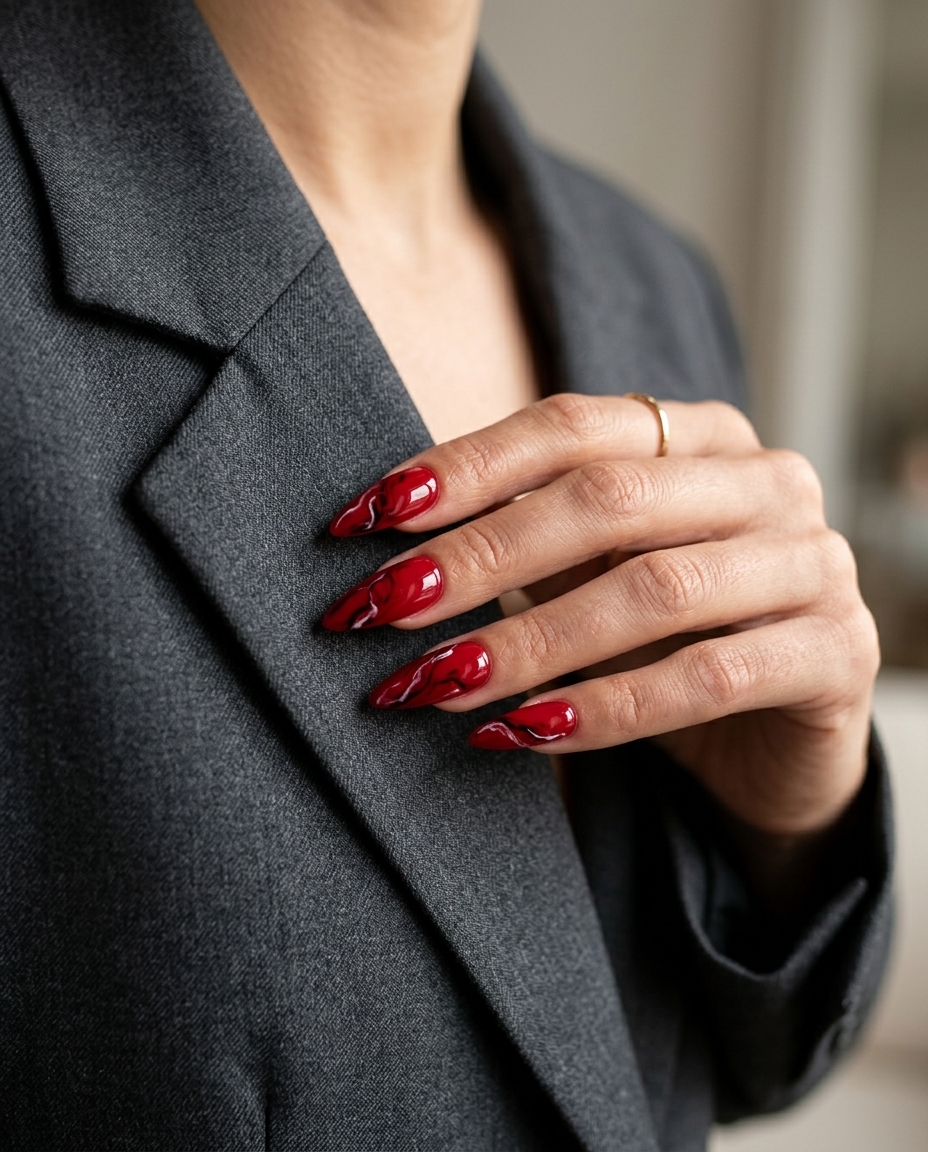 Trending Summer Nails 2026: Glossy Cherry Red Marble Swirl Glossy Cherry Red Marble Swirl nails for evening out 2026: bold sophisticated luxury.