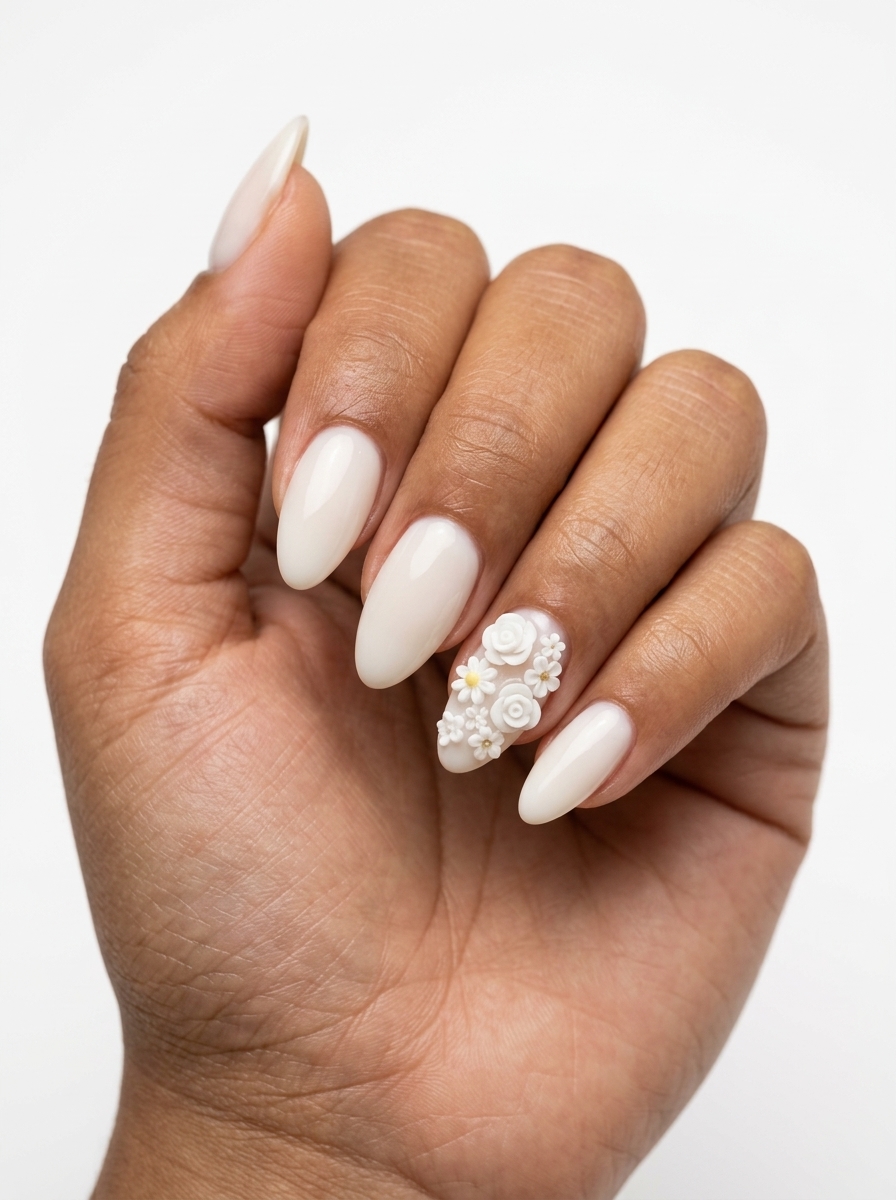 Trending Summer Nails 2026: Milky White 3D Garden Bloom Milky White 3D Garden Bloom nails for weddings 2026: romantic elegant floral charms.